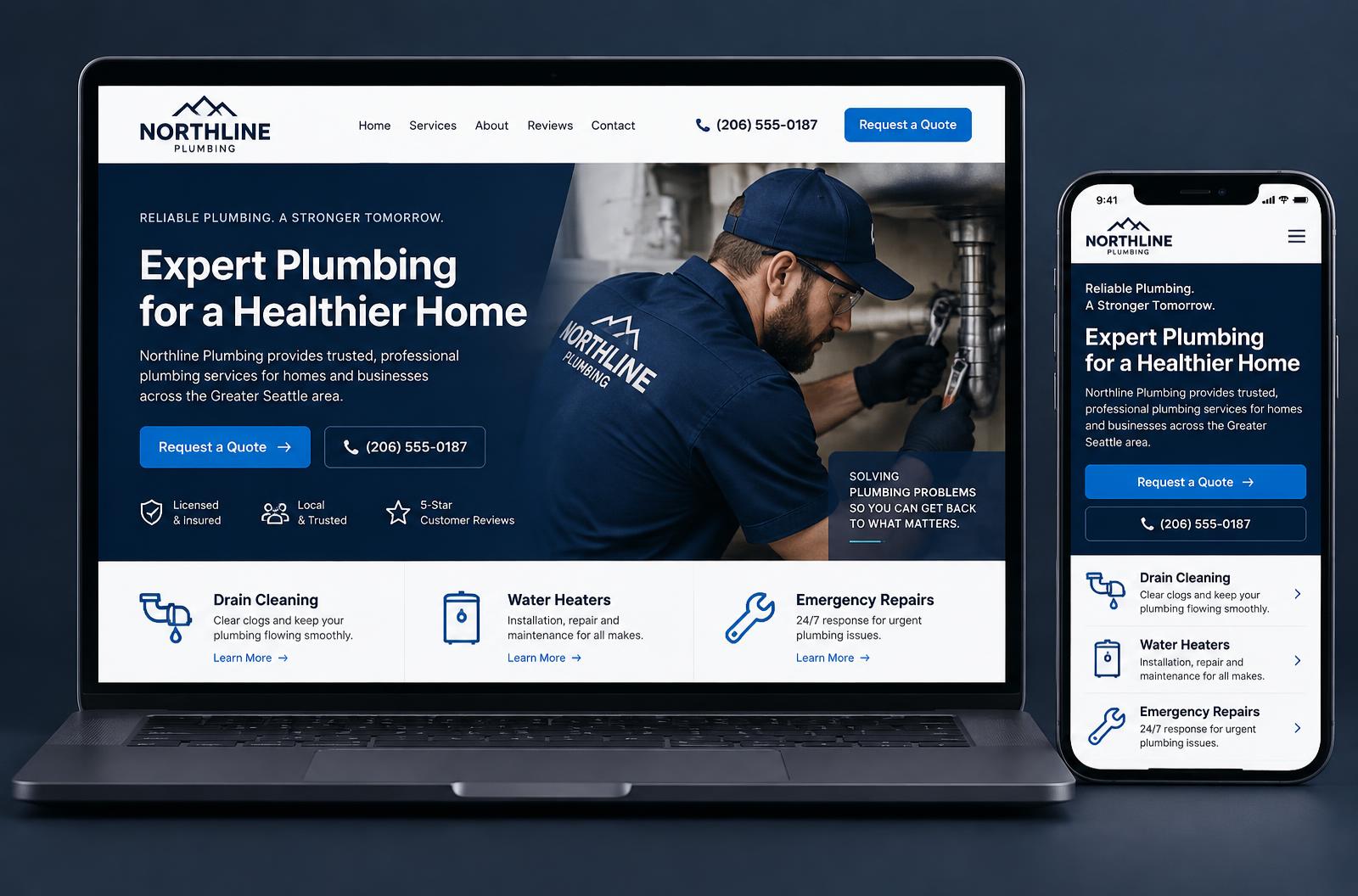 Premium plumbing company website shown on a laptop and phone